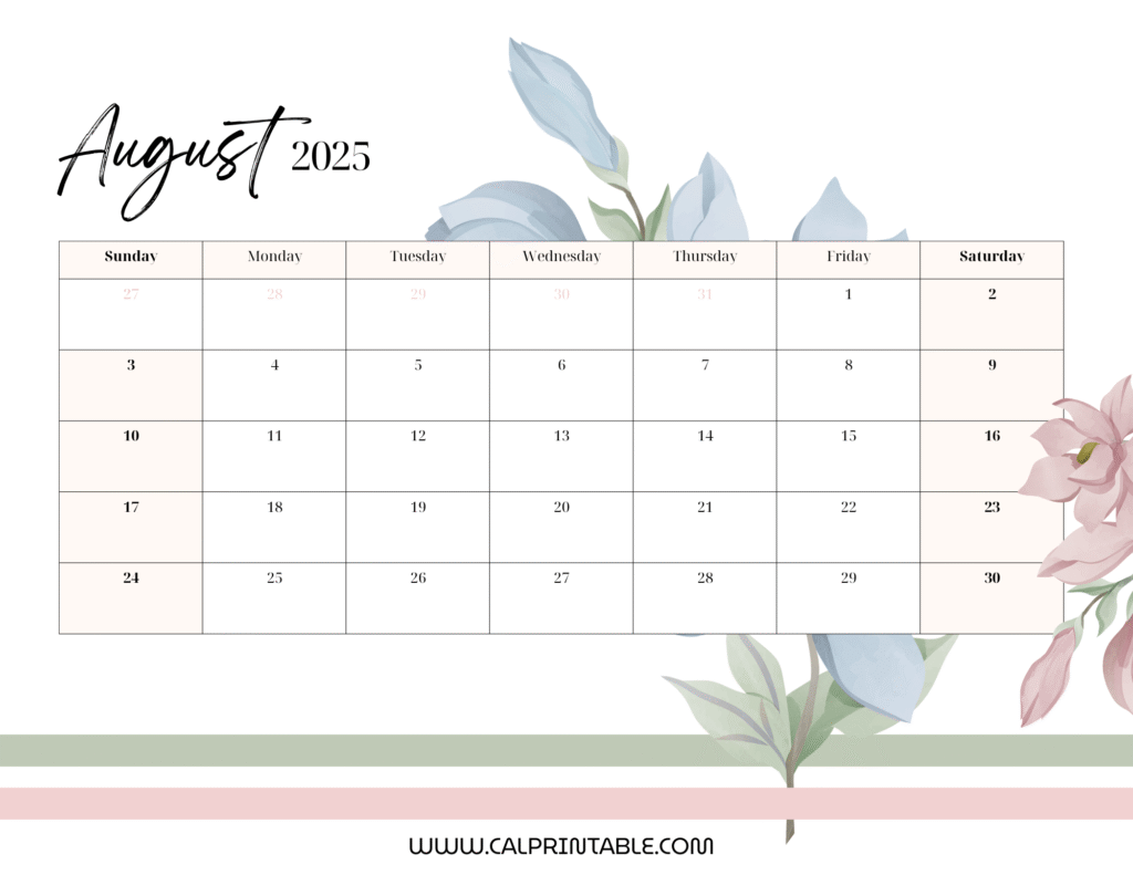 Colorful floral printable calendar for August 2025, featuring vibrant flowers and a clear layout for easy planning.