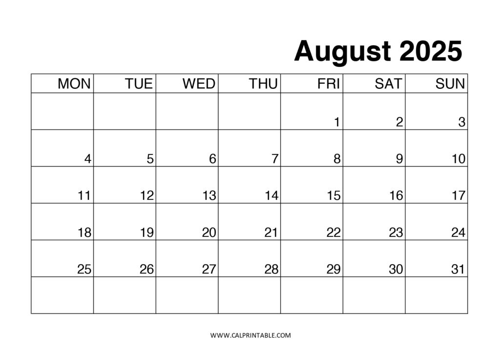 Black and white 2025 calendar template for August 2025, designed for planning and scheduling activities.