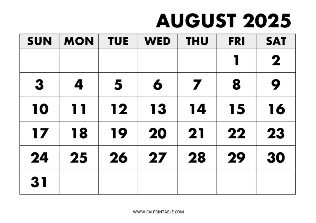 August 2025 calendar template with bold monthly dates in the grid where the weekdays are starting from Sunday.