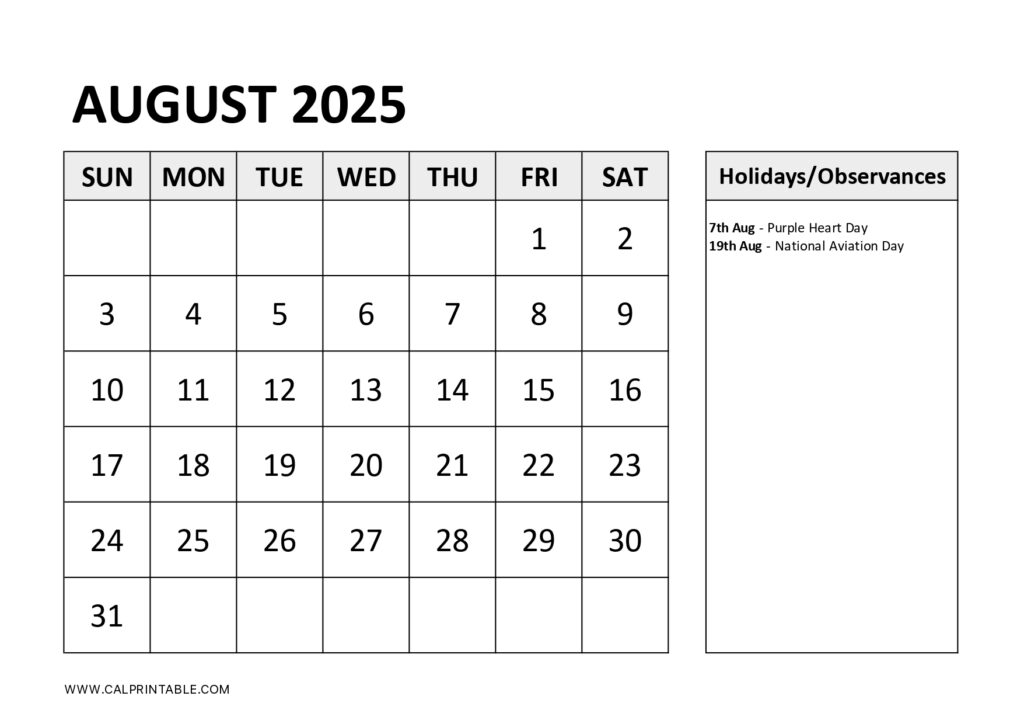 August 2025 printable calendar displaying dates with the list of US Federal holidays and observances and a clean layout for easy organization.