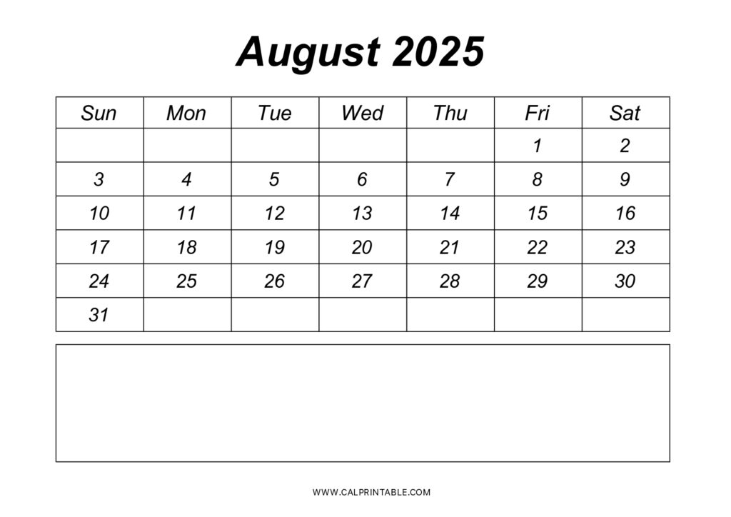 Printable one month calendar for August 2025, featuring days of the week and space for notes at the bottom.