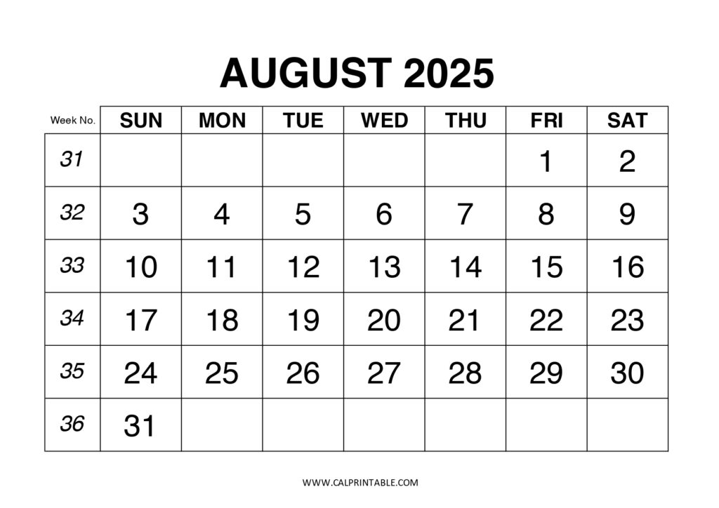 Simple printable calendar for August 2025, designed for planning and scheduling activities with Week numbers mentioned at the front.