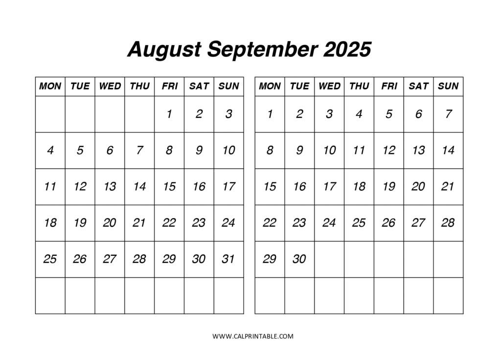 Black and white calendars for August and September 2025, starting on Sunday, displayed side by side.