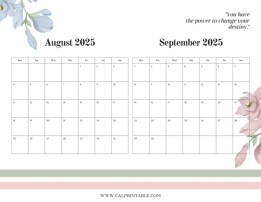 August and September 2025 calendar with a floral design, showcasing dates and events in a colorful format.