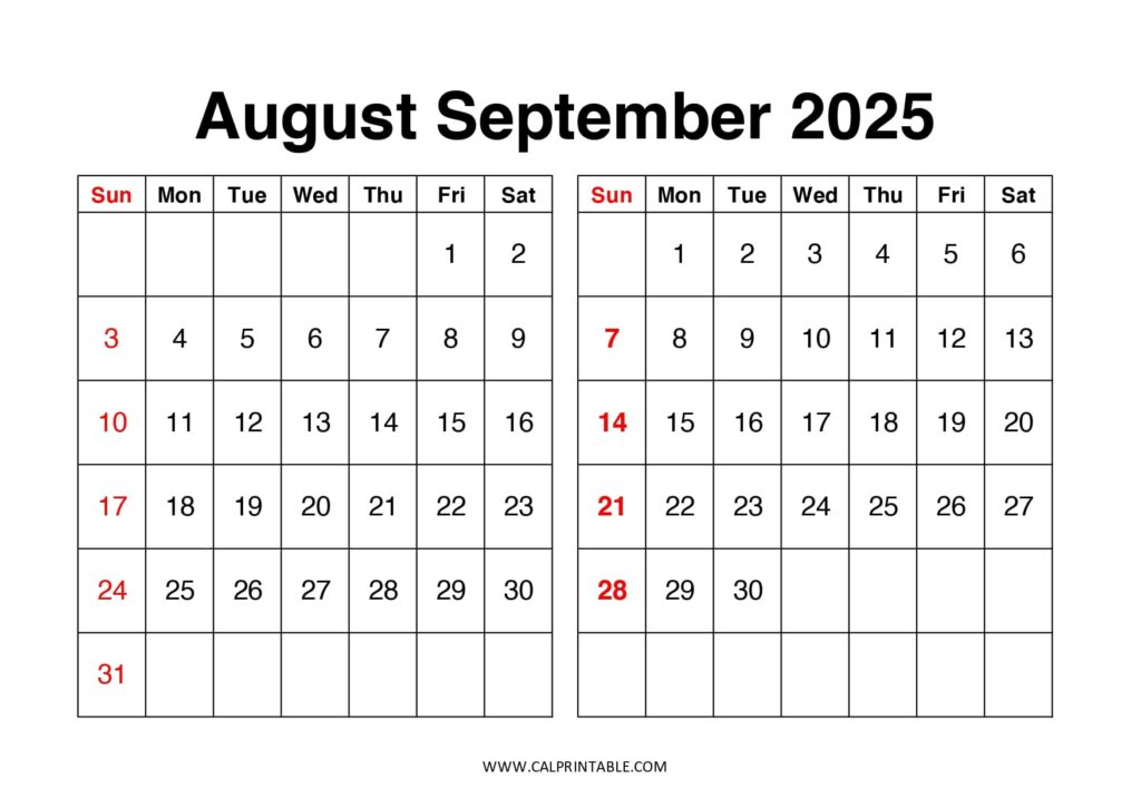 Printable August September 2025 calendar in landscape format, starting on Sunday, designed for easy planning and organization.