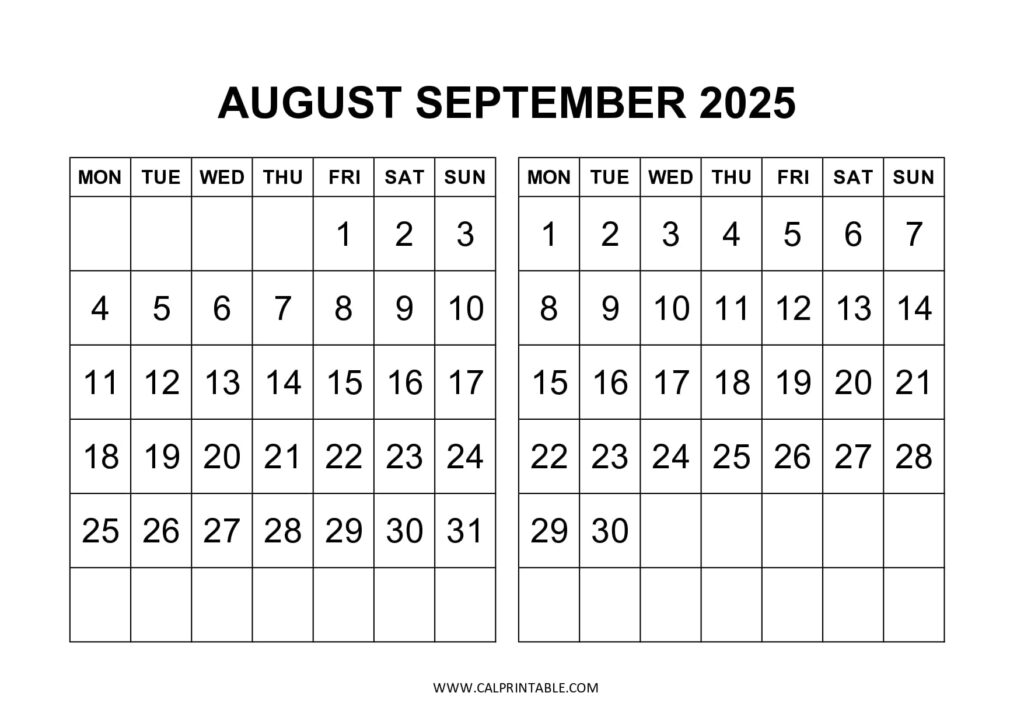 August September 2025 calendar available for free download, presented in landscape orientation with a Monday start for user-friendly access.