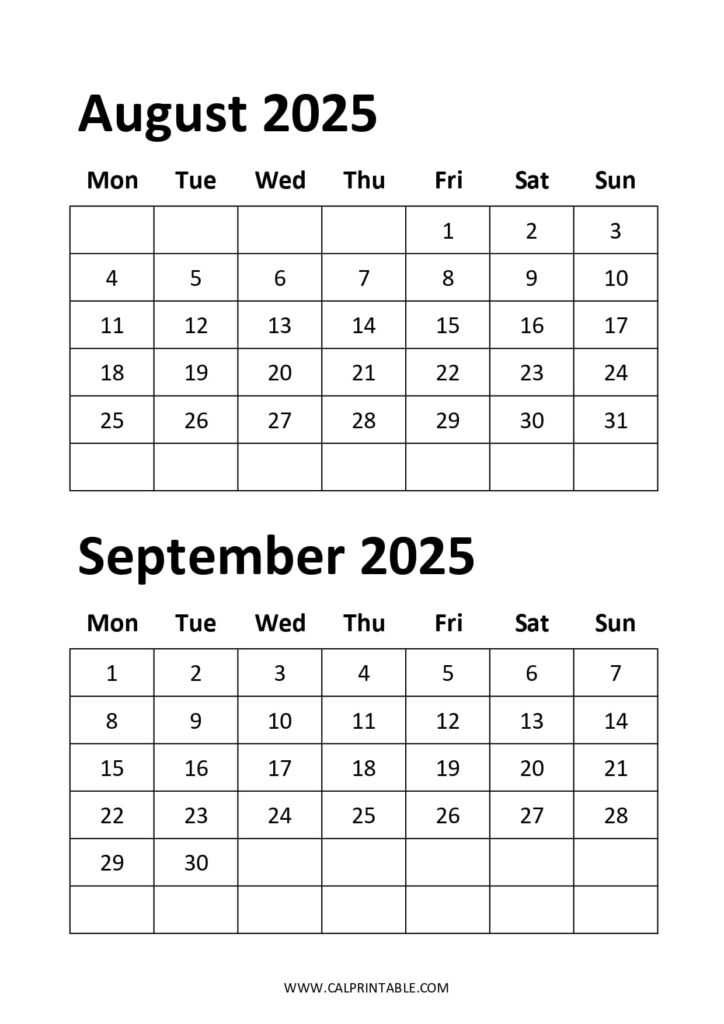 One page layout of August and September 2025 calendar, designed for printing, starting on Monday..