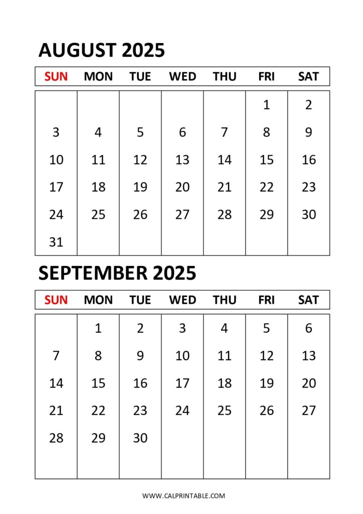 August and September 2025 printable calendar in portrait format, with Sundays as the first day of the week.