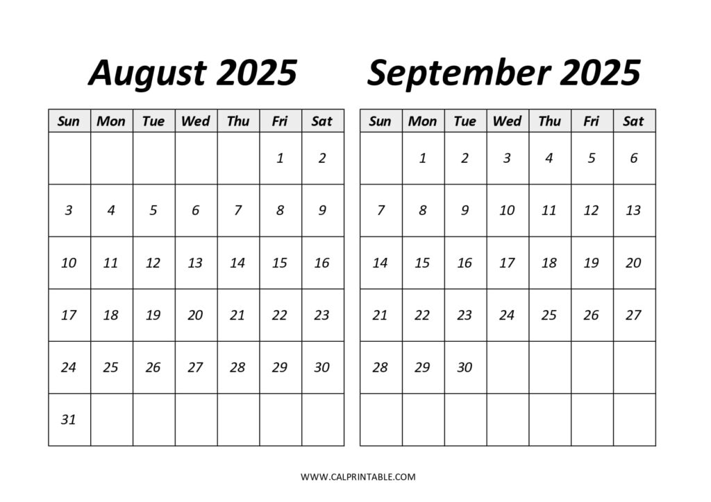 Black and white calendar for August and September 2025, featuring a landscape layout with a Sunday start for convenient scheduling.