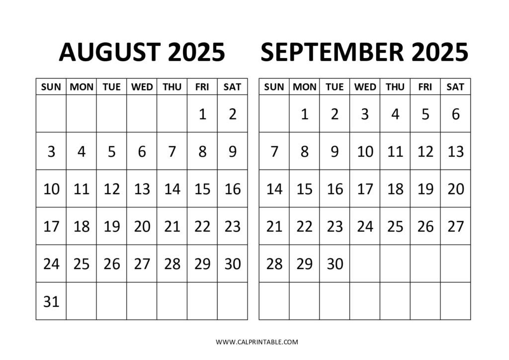 Side-by-side black and white calendars for August and September 2025, both starting on Sunday.