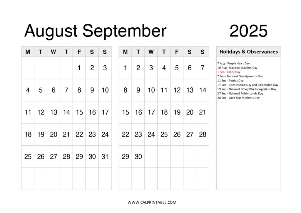 Calendar for August and September 2025, featuring USA federal holidays and Observances listed on the right side.