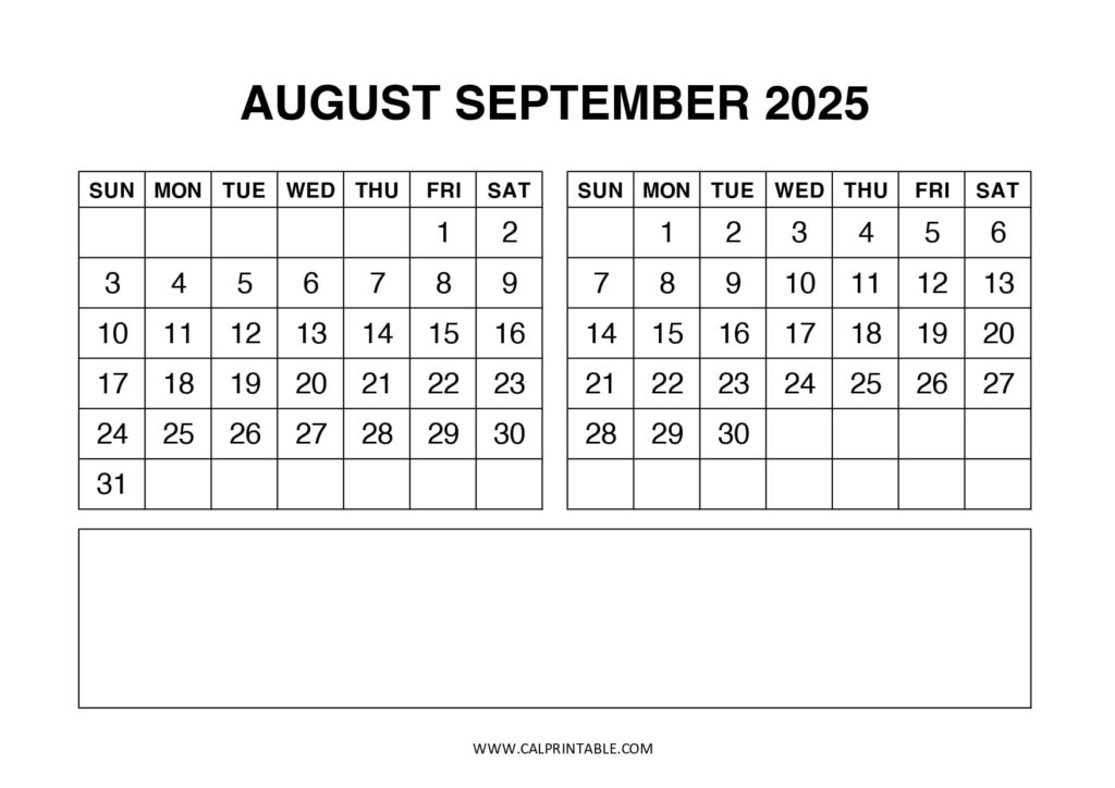 Calendar for August and September 2025, featuring notes section at the bottom of the both months.