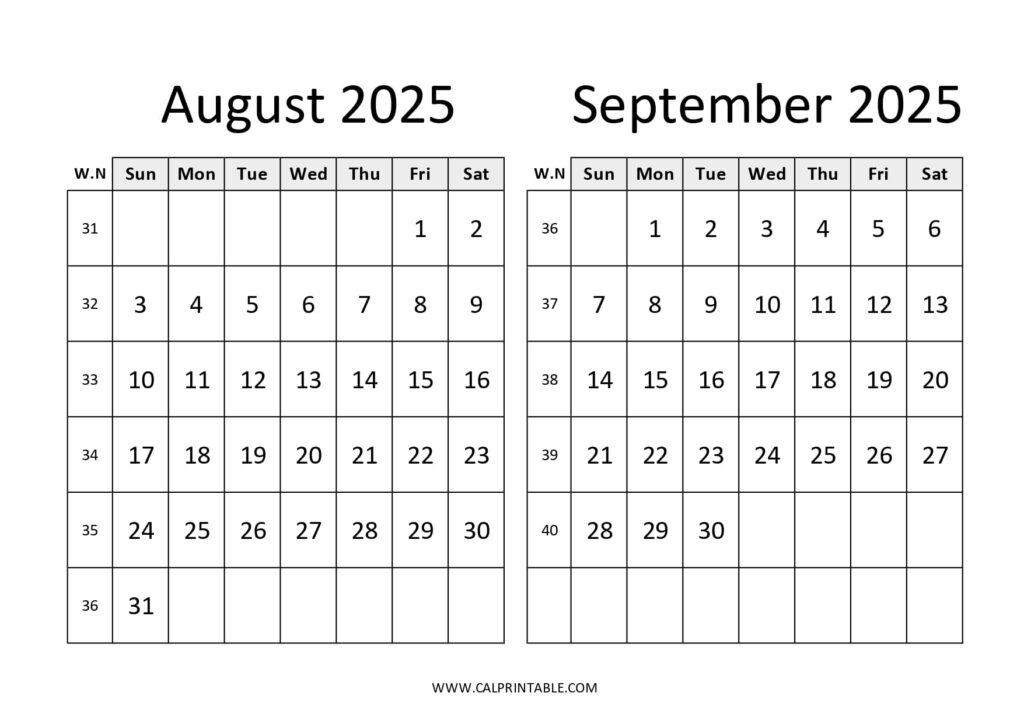 Calendar for August and September 2025, featuring week numbers for each week of the months.