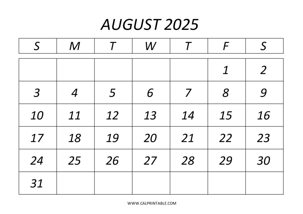 August 2025 printable calendar in landscape format, designed for easy viewing and note taking.