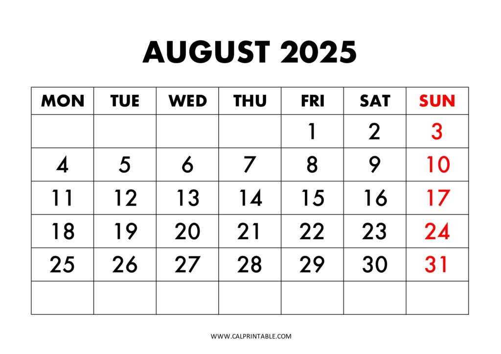 Printable August 2025 calendar with a Monday start, featuring a clean layout for easy scheduling.