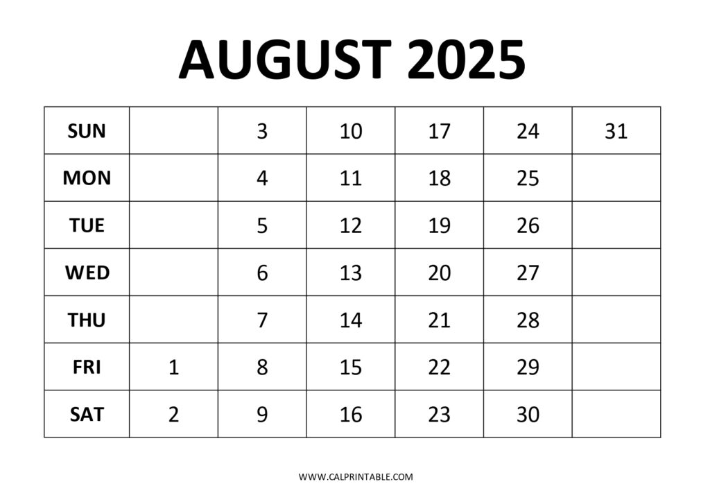 Printable calendar for August 2025, starting on Sunday, perfect for scheduling and planning activities.
