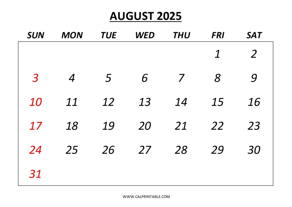 Simple and organized printable sunday start calendar for August 2025, ideal for tracking events and appointments.