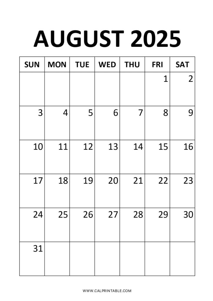 Vertical printable calendar for August 2025, featuring days of the week and space for notes.
