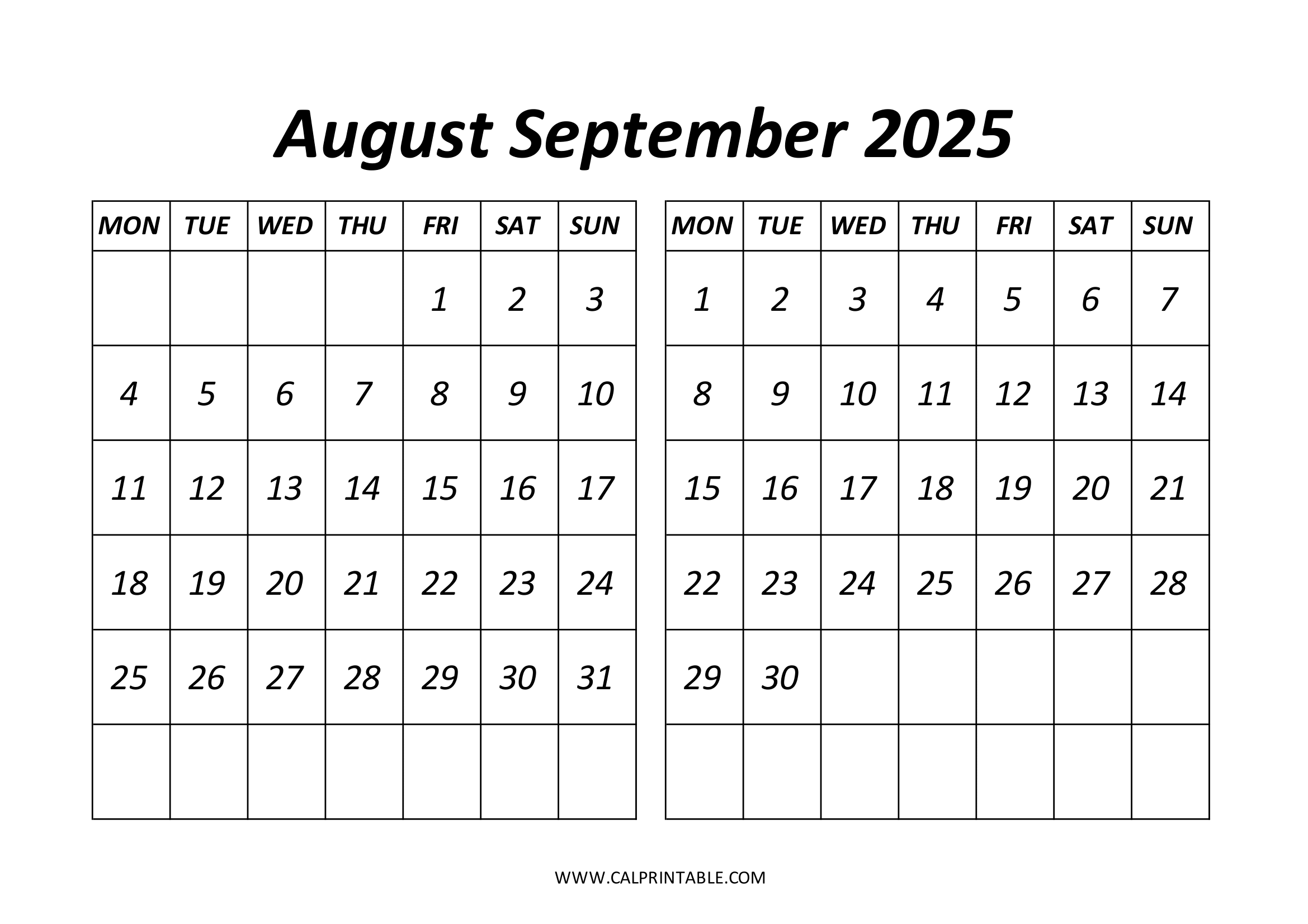 Printable August September 2025 Calendar In PNG