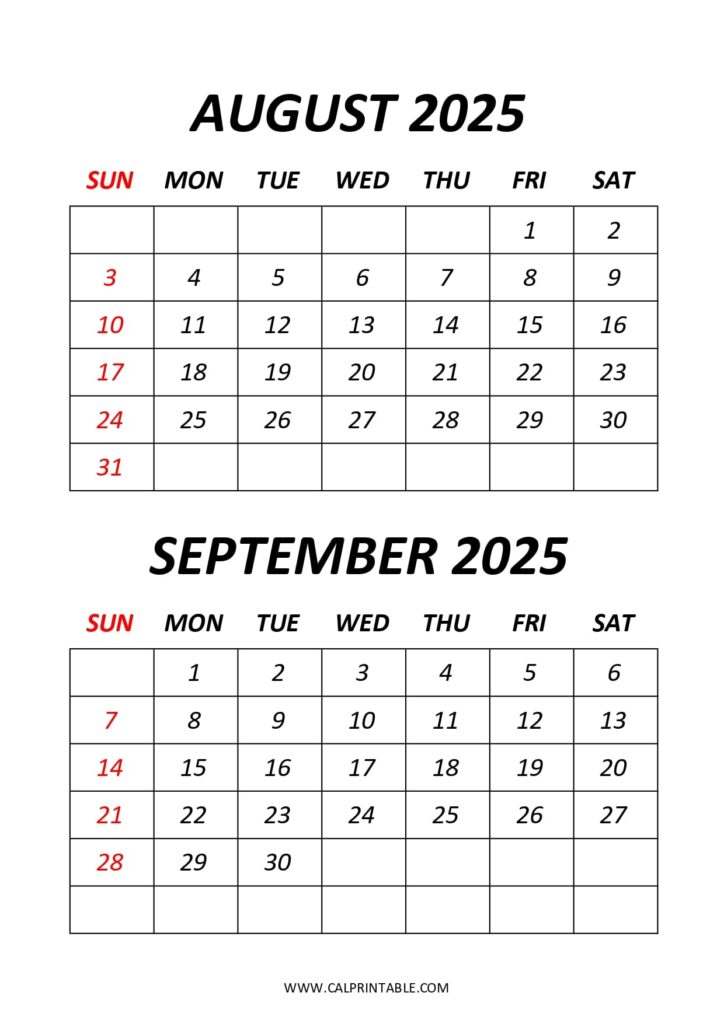 Printable two month calendar for August and September 2025, starting on Sunday.